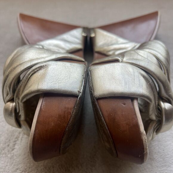 Sergio Rossi Metallic Gold Wood Wedge Heeled Sandal Women EU 37.5 US 7.5 Knotted - Picture 7 of 16